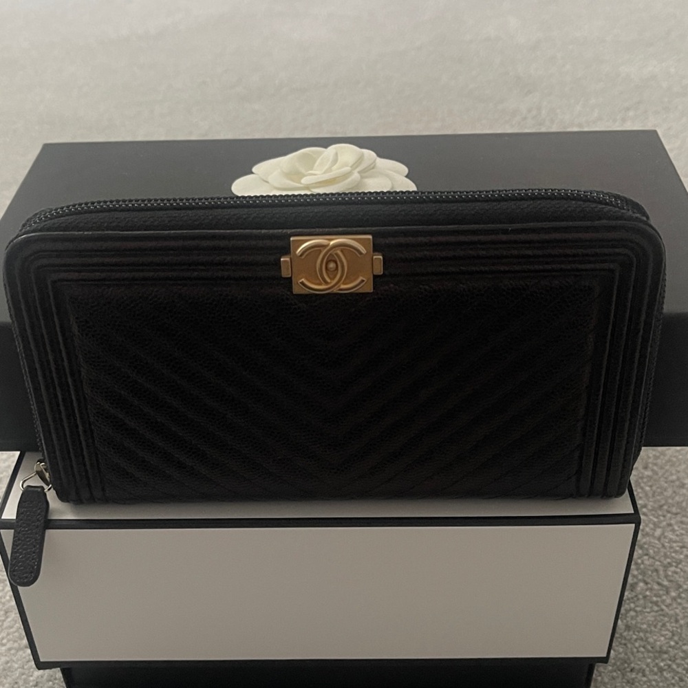 Chanel Boy Long Zip Wallet Black Authentic